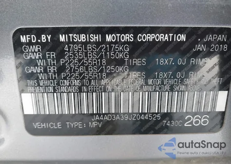 2018 Mitsubishi Outlander Le из США, поврежденный, VIN JA4AD3A39JZ044525